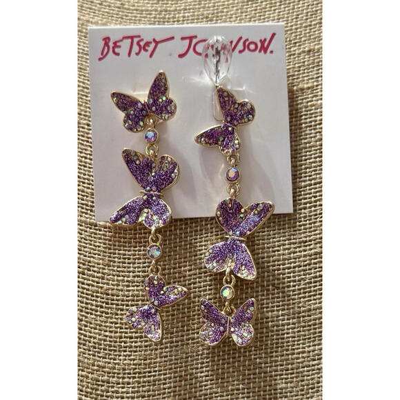 NEW Betsey Johnson Butterfly Mismatched Dangle Earrings Purple Lavender Crystals - Picture 4 of 7
